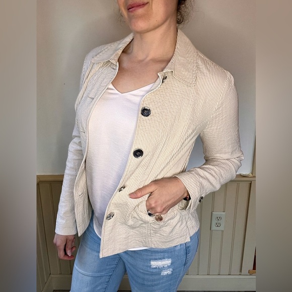 Charter Club M Seersucker Cotton Beige Striped Jacket Blazer Preppy Nautical - Picture 4 of 9